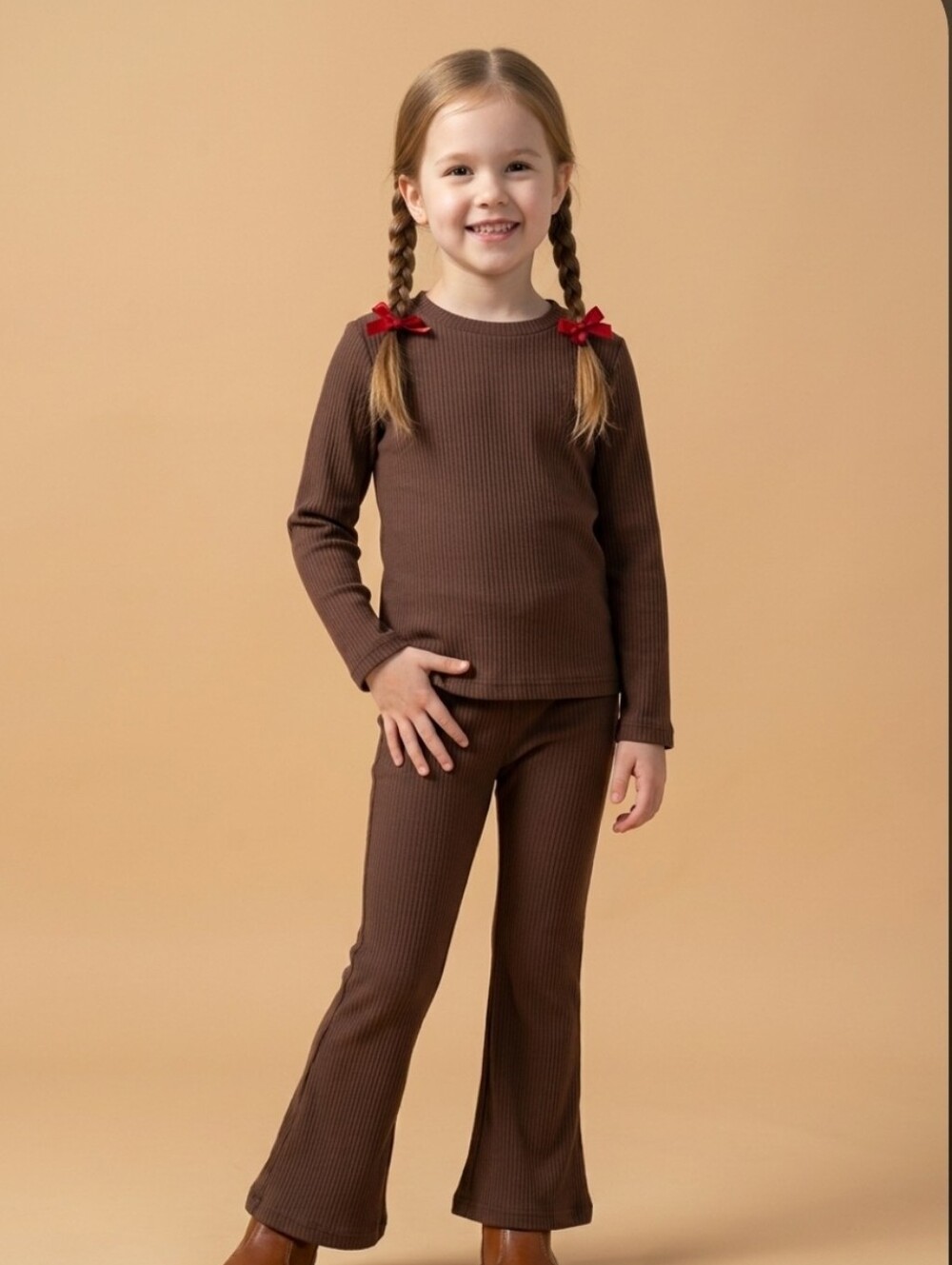 0254 btween Brown Ribbed Flared Leggings